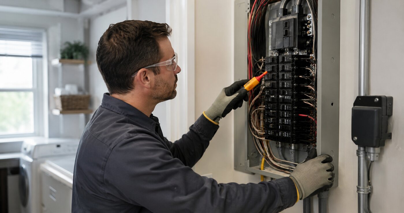 Electrician inspecting a residential breaker panel