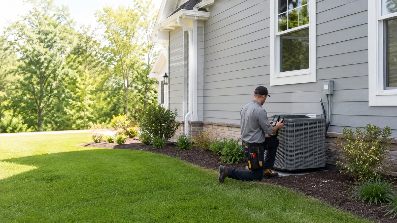 HVAC technician inspecting a residential air-conditioning system