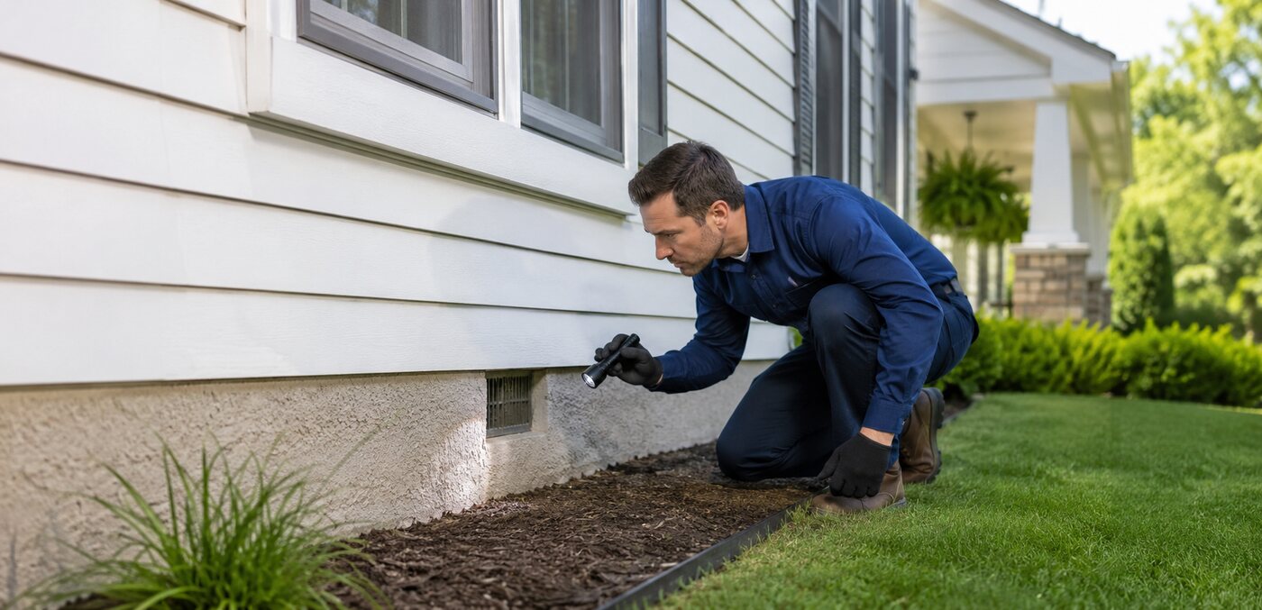 Pest-control professional inspecting the exterior foundation of a home