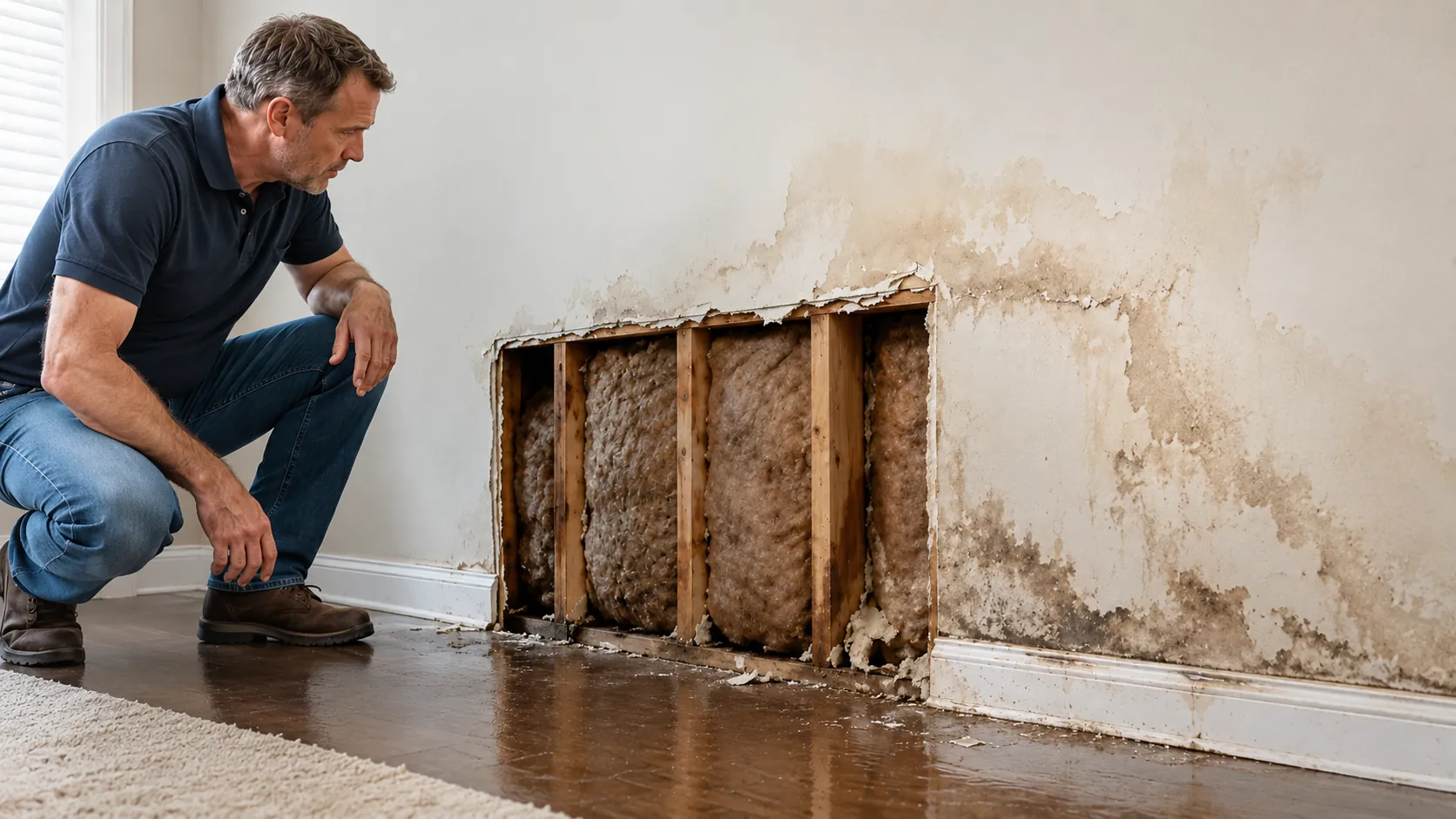 Water-damaged interior finishes showing swelling and deterioration after prolonged moisture