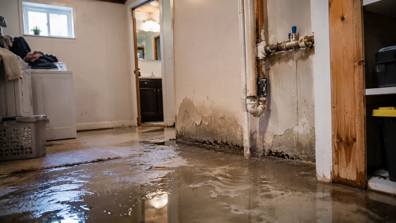 Realistic burst household pipe spraying water