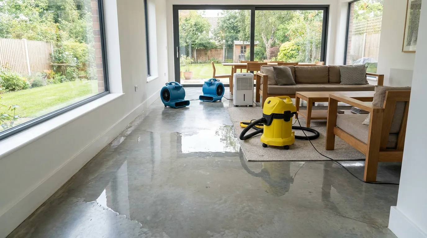 Water-damage restoration worker using professional drying equipment