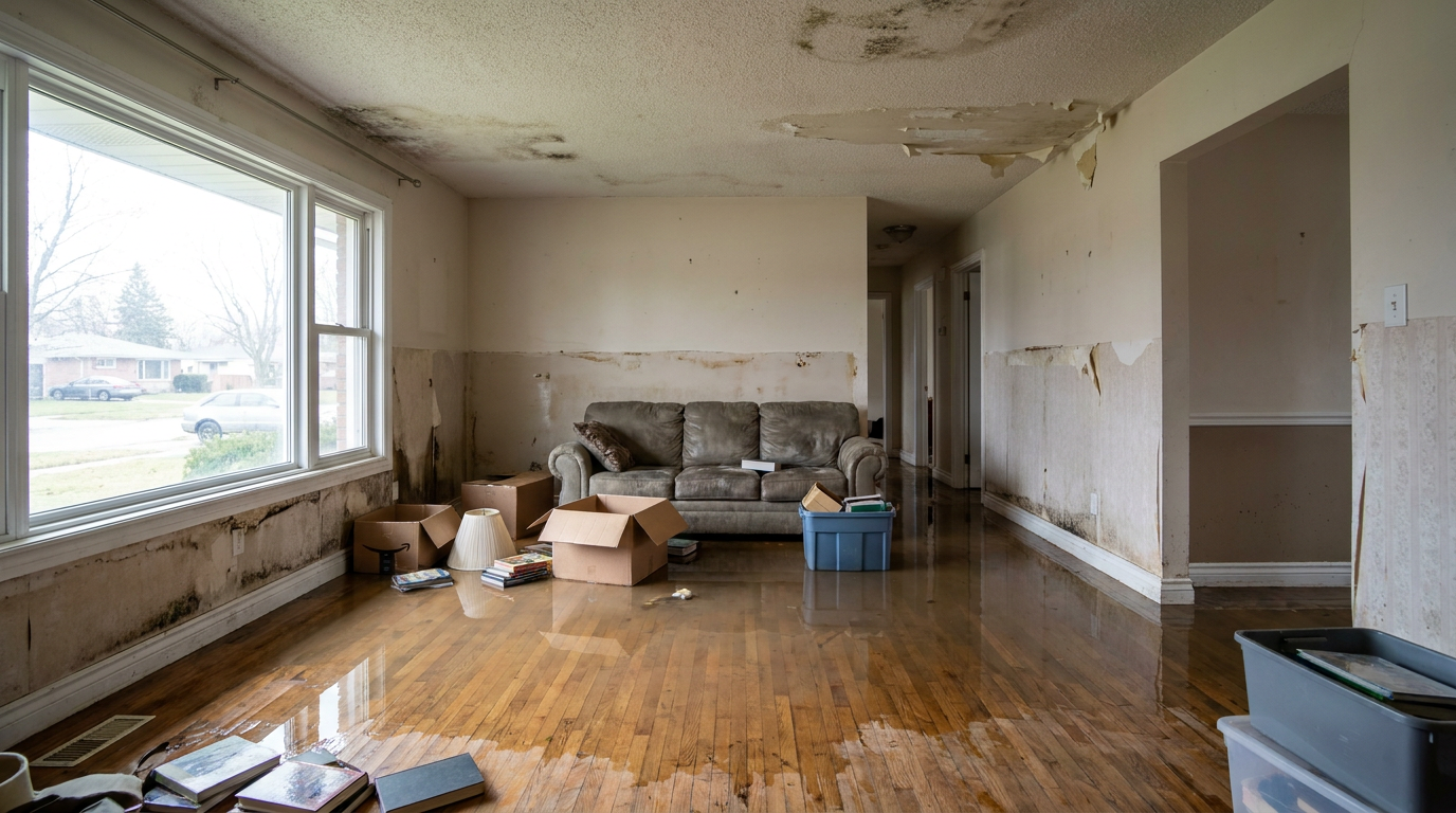 Homeowner documenting water damage before cleanup