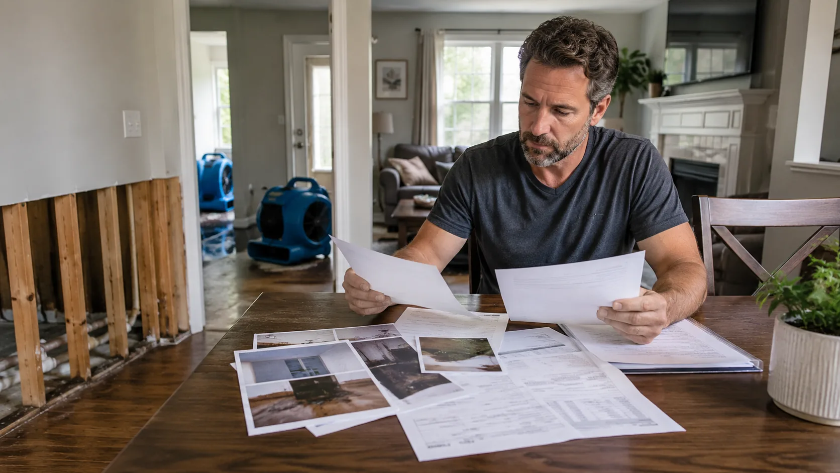 Homeowner reviewing restoration estimates, photos and written questions before choosing a water damage company
