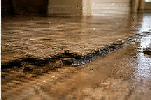 Water-damaged wood flooring buckled by trapped moisture