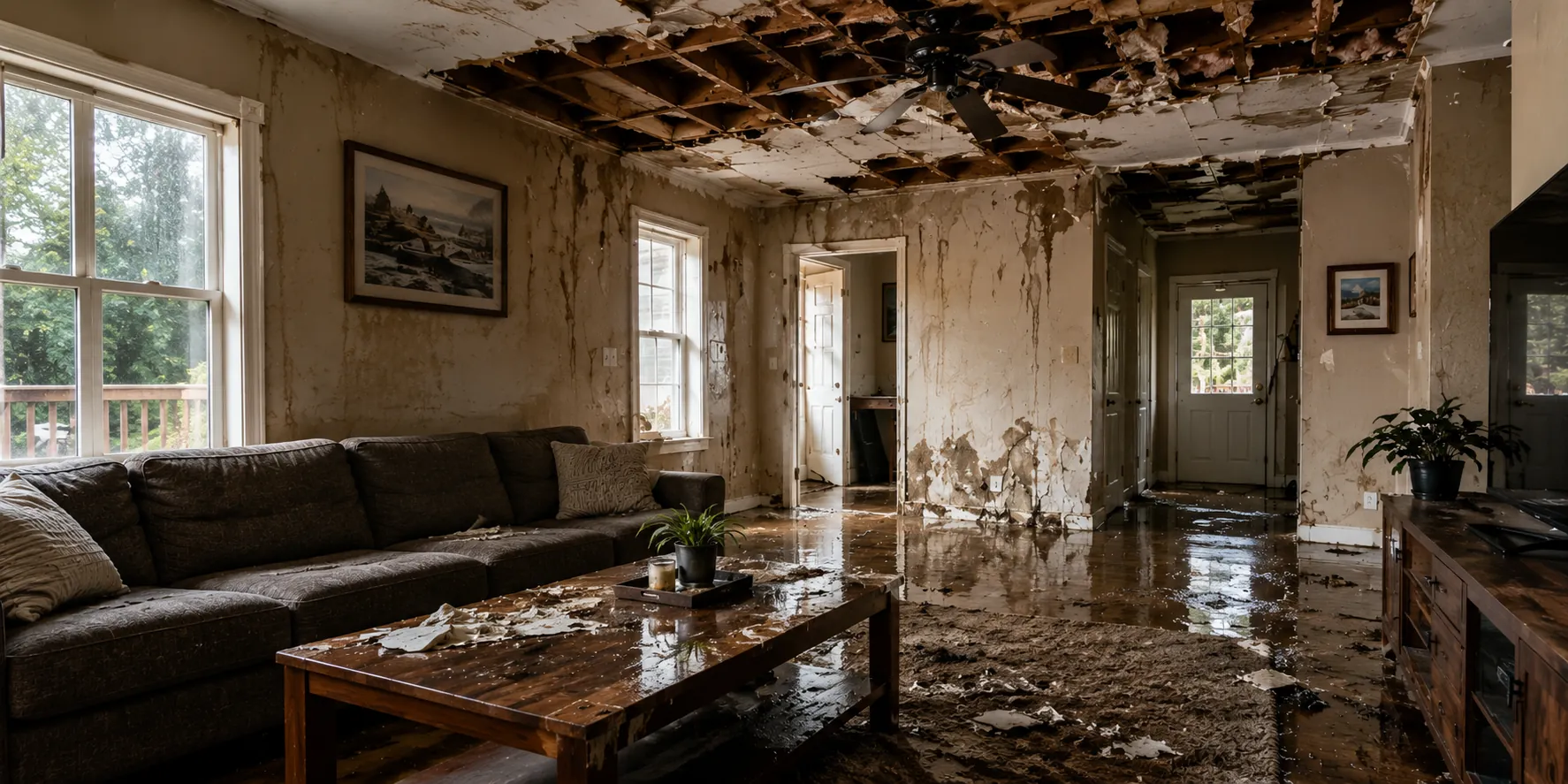 Active basement water emergency with a burst pipe, standing water, damaged ceiling and nearby utility hazards