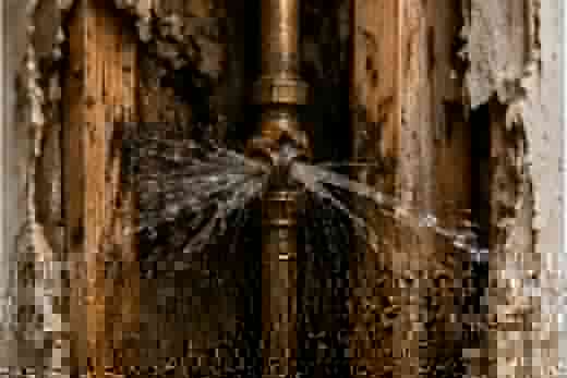 Burst household pipe spraying water inside an opened wall