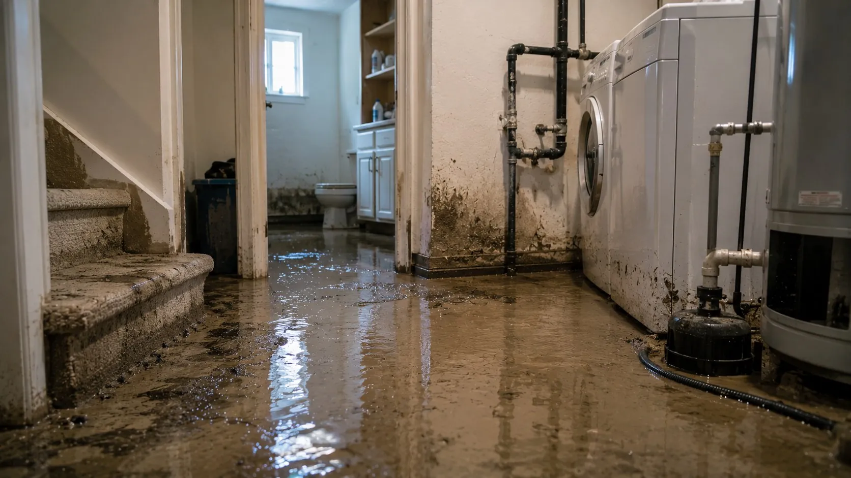 Bathroom floor damaged by contaminated standing water and debris