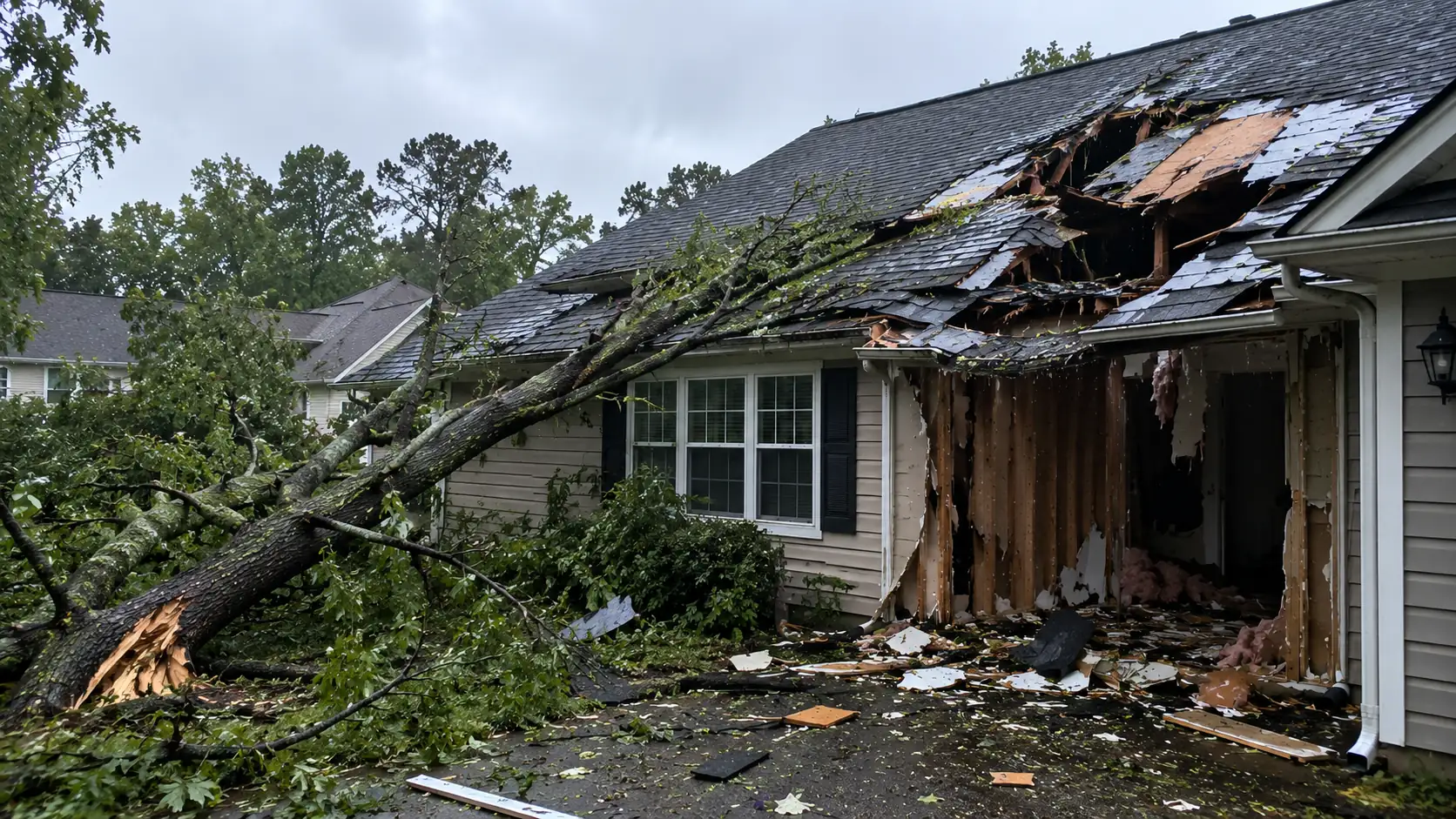 House roof severely damaged by a fallen tree after a storm