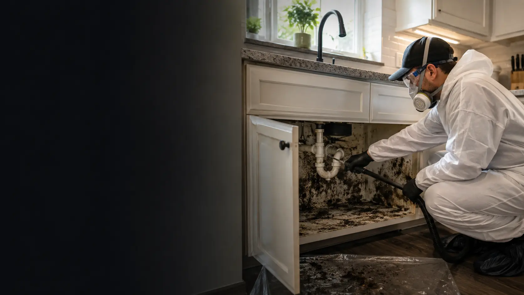 Mold remediation worker treating mold beneath a kitchen sink cabinet