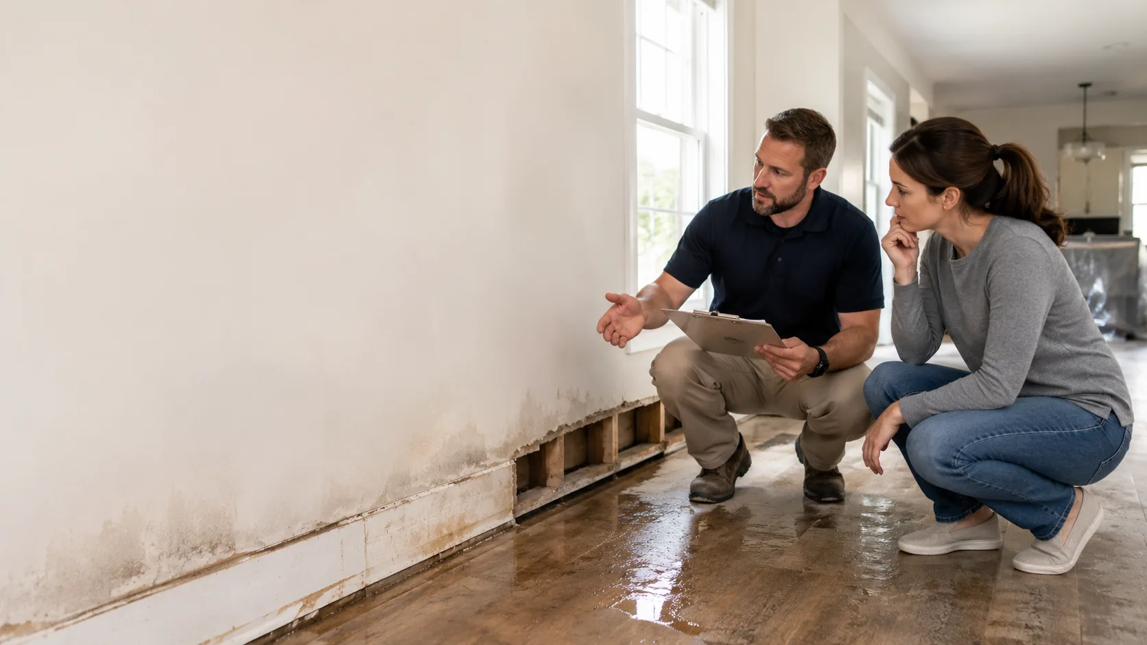 Homeowner reviewing a water damage restoration estimate with a restoration professional