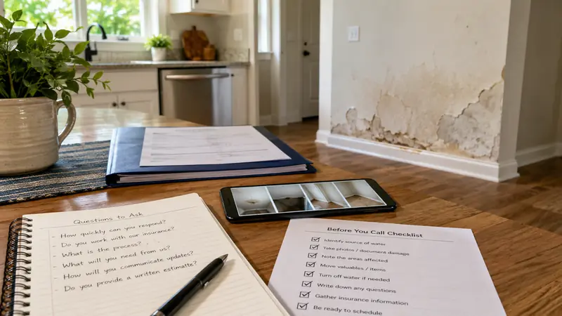 Homeowner preparing photos, notes and a checklist before contacting a water-damage restoration provider