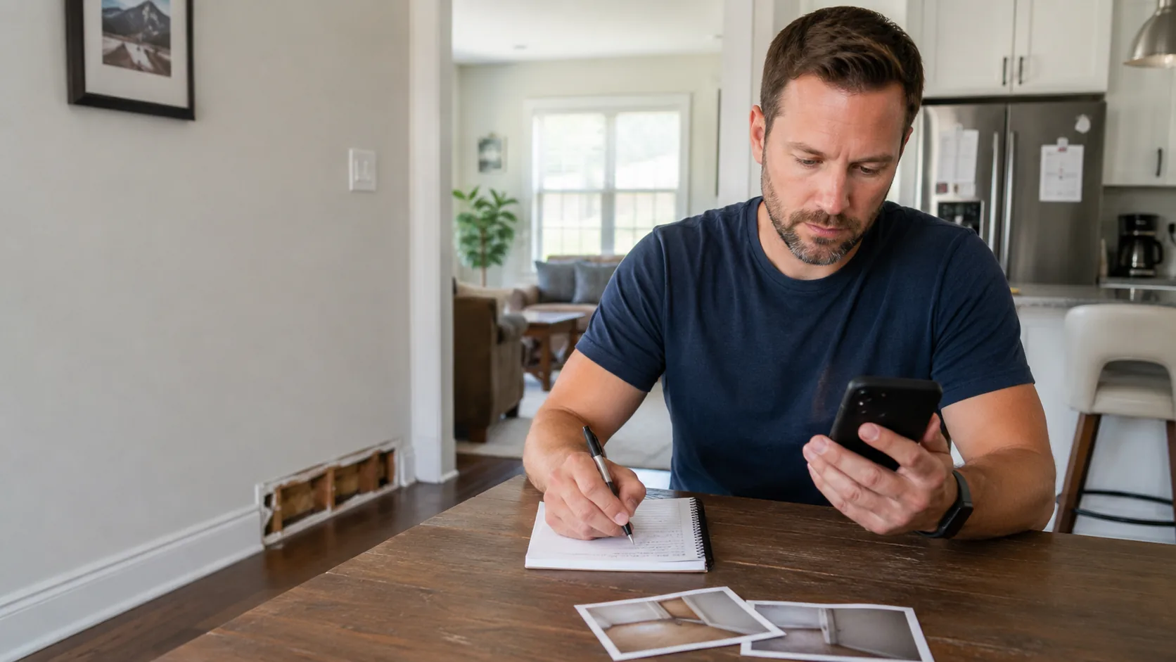 Homeowner preparing photos, notes and a checklist before contacting a water-damage restoration provider