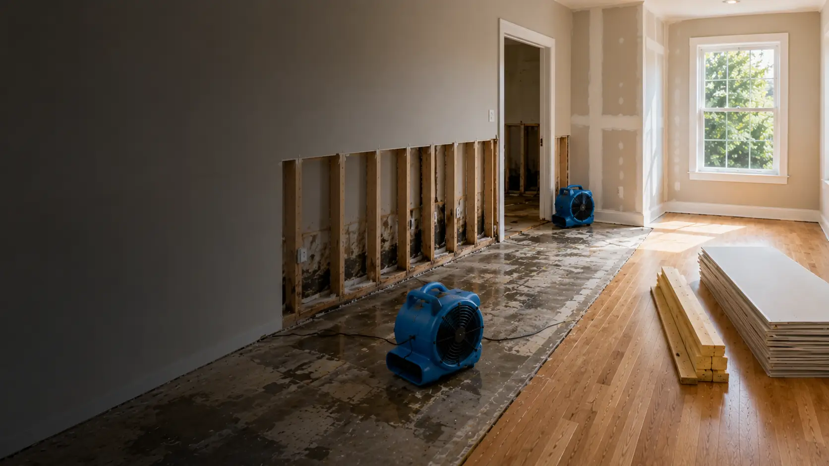 Flooded residential basement with widespread standing water requiring extraction and drying