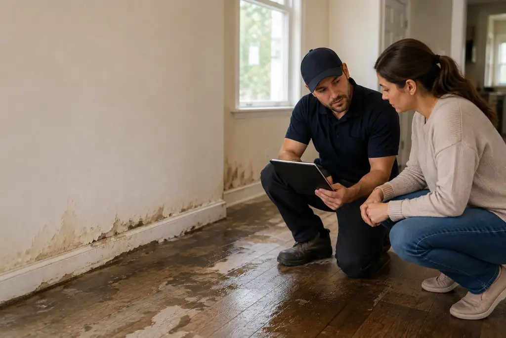 Restoration technician reviewing visible water damage with a homeowner inside the affected room