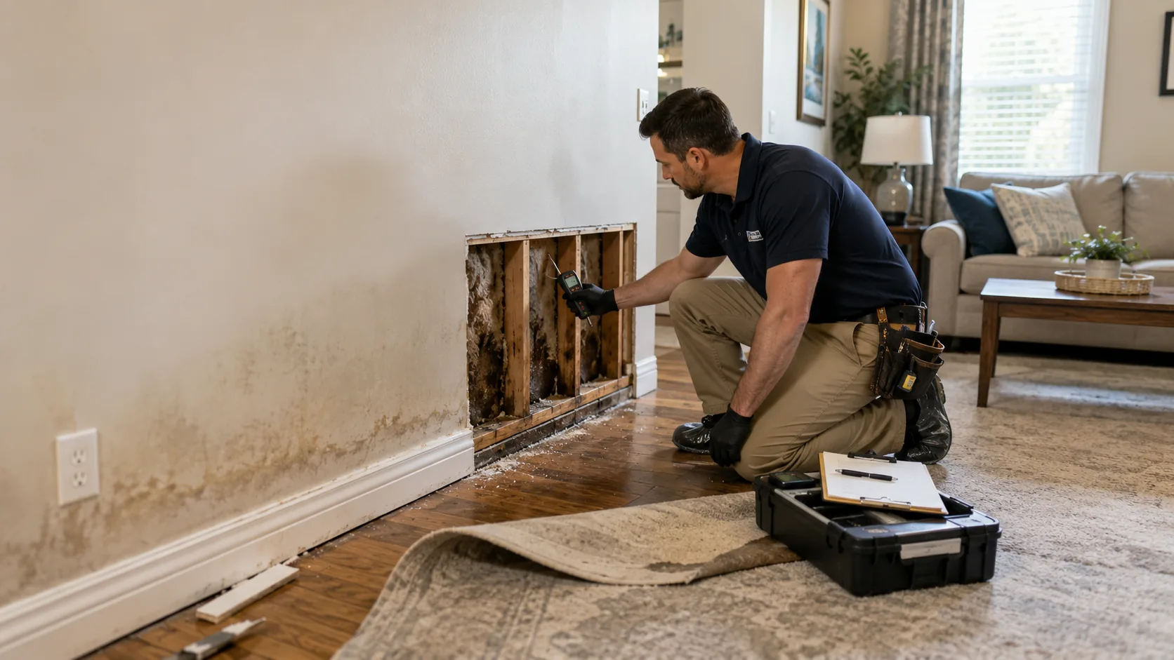 Homeowner assessing water damage and moisture conditions after a household water loss