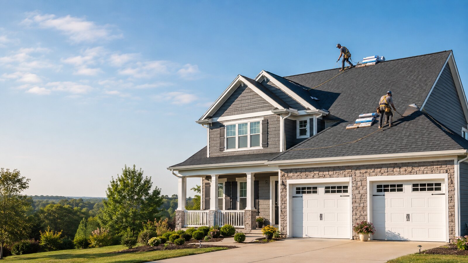 Professional roofing crew installing a complete new roof on a suburban home